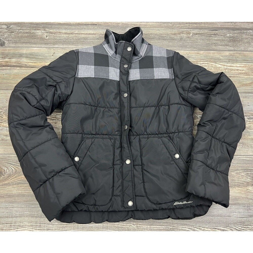 Eddie Bauer Puffer Jacket Coat Black/Gray Buffalo Plaid Women's Size Small